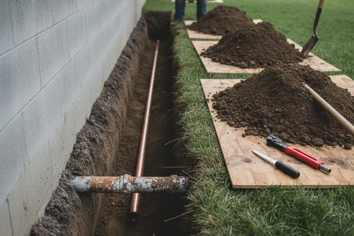 Excavated water line trench during Sewer Line Repair in Dowagiac